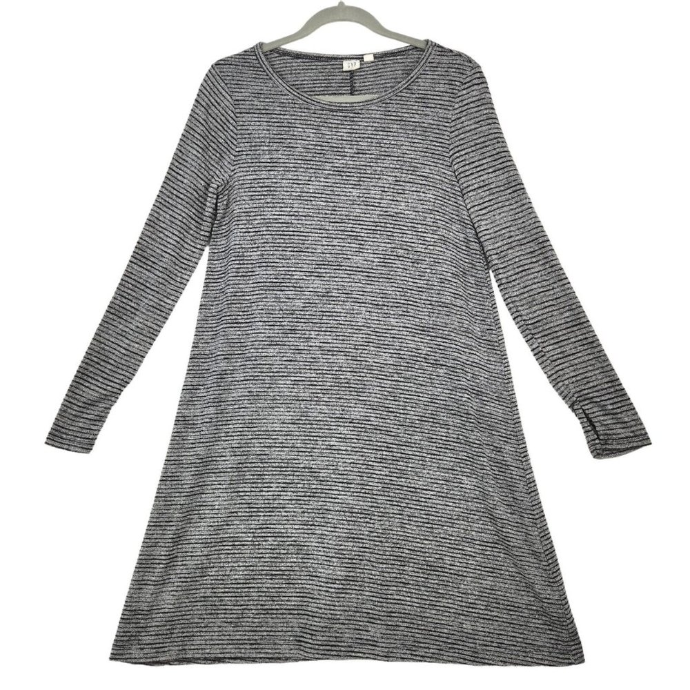 Gap Gray Black Striped Swing Dress Size Small Long Sleeve Pullover Split‎ Cuffs